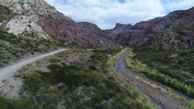 Atuel river canyon San Rafael, Mendoza Cuyo Arjantin hava dron sahne. Yukarı doğru hareket kamera. Caddesi willows ağaçlar ve Nehri yanındaki çakıl. Derma kayalar.