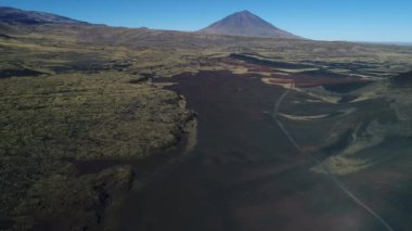 Hava dron sahne olan La Payunia Milli parkta Malargue, Mendoza. Pampa Negras siyah ile kırmızı zemin volkan ve altın otlar desen kayalar. Arka plan üzerinde Payun Liso volkan. Çakıl yol.