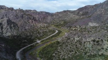 Atuel river canyon San Rafael, Mendoza Cuyo Arjantin hava dron sahne. İleri modern yeni 4 x 4 van izleme hareketli kamera. Çakıl sokak sonraki ağaçlar ve nehir. Derma kayalar.