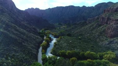 Atuel river canyon San Rafael, Mendoza Cuyo Arjantin hava dron sahne. Kamera hareket iletir. Willows ağaçlar ve Nehri yanındaki sokak. Derma kayalar.