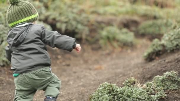 小年轻漂亮的男孩穿着绿色夹克和大羊毛帽走在外面寒冷多云灰色的冬日 从婴儿的背部拍摄的场景 谁是上山 慢动作 — 图库视频影像