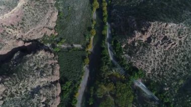 Atuel nehir kanyonun San Rafael, Mendoza Cuyo Arjantin hava dron sahne üstten görünüm. Kamera hareket iletir. Willows ağaçlar ve Nehri yanındaki sokak. Derma kayalar.