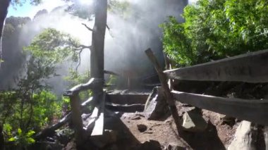 Düşünce yolunu kadar ayrıntı şelale yürüme. Su buharı yükselir. Fluo ve arka ışık. Lanin Milli Parkı. Paimun Gölü'nün çevresi. Patagonya