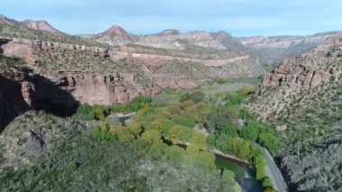Atuel river canyon San Rafael, Mendoza Cuyo Arjantin hava dron sahne. Kamera hareket iletir. Willows ağaçlar ve Nehri yanındaki sokak. Derma kayalar.