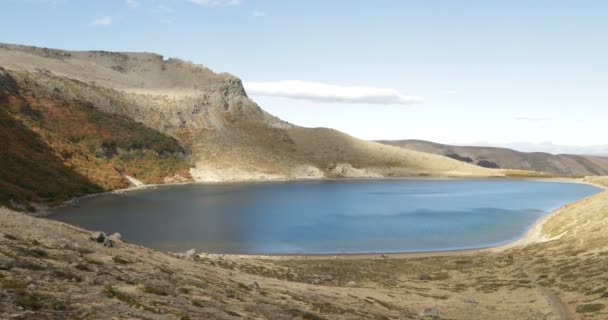 Batea Mahuida 火山的泻湖 照相机手举行了平移风景 Pehuenia Turistic 别墅区Moquehue 巴塔哥尼亚阿根廷 — 图库视频影像