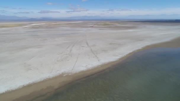 阿根廷门多萨 Malargue Llancanelo 泻湖空中无人机现场 水反射和白色干咸的岸上地面 相机向四驱车前进 汽车停车场 — 图库视频影像