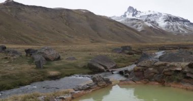 Doğal sağlıklı sıcak termal dış banyo Cajon Grande bulutlu bir günde Kışın kar ile Campanario Dağı'nda Andes izliyor. Mendoza Cuyo, Arjantin.