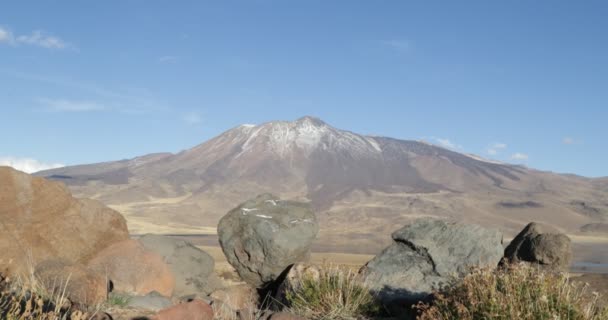 Tromen 火山国家公园 山顶上有熔岩和积雪的山峰 Laggon 的思考 在相机前的天然岩石和草原 内乌肯省 巴塔哥尼亚阿根廷 — 图库视频影像