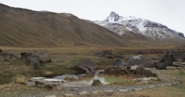 Doğal sağlıklı sıcak termal dış banyo Cajon Grande bulutlu bir günde Kışın kar ile Campanario Dağı'nda Andes izliyor. Mendoza Cuyo, Arjantin.