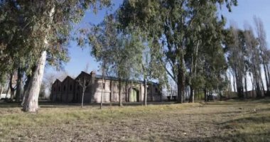 Seyahat ve panning kamera hareket vasıl günbatımı altın saat büyük tuğla inşaat mükemmel. Önünde uçan böcekler ya da fotoğraf makinesi. Ağaçlar, yapraklar ve çim. Kiler Mendoza, Arjantin şarap üretimi için.