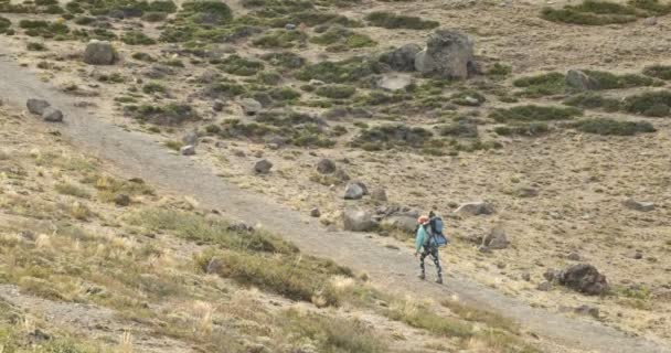 徒步旅行在 Batea Mahuida 带婴儿的女士走到火山口的岩石斜坡 泻湖在背景 相机手举行 Pehuenia Moquehue 巴塔哥尼亚 阿根廷 — 图库视频影像