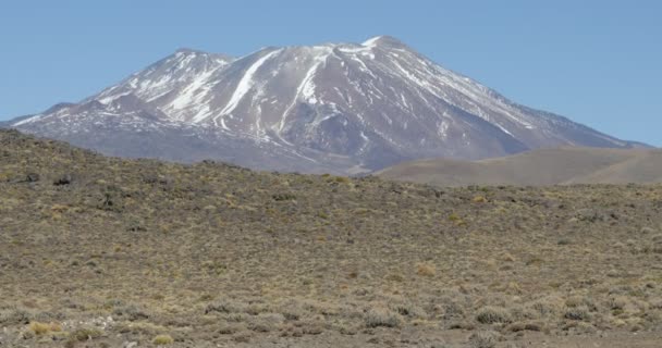 ロッキー風成層の土地を歩きます バック グラウンドで Tromen ネウケン アルゼンチン パタゴニア カメラ手 — ストック動画