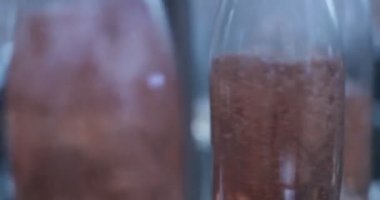 Ayrıntı pembe şarap, kabarcıklar ile hızlı işlem tarafından doldurulmuş cam şişe. Modern makine içecek endüstrisi için. Divisin ambalaj ve uzağa göndermek için şarap. Mendoza, Arjantin.