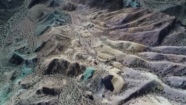 Drone senital aérien scène de montagnes sablonneuses et rocheuses colorées. Dunes de sable bleu, vert, jaune, blanc, violet avec végétation, paysage érodé à Uspallata, Mendoza, Argentine . — Video