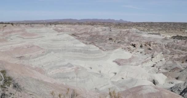 Gekleurde layerd landschap in Ischigualastobekken Provincial Park uitgehold. Terciary geologische formaties. Natuurlijke erfgoed van de wereld. Rioja provincie, Argentinië — Stockvideo