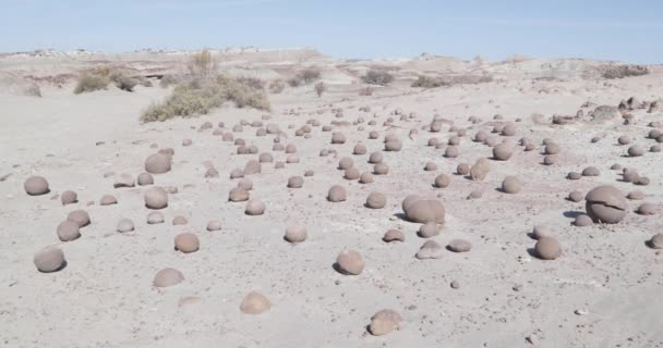 Schwenk-Szene von vielen Ballfelsen, campo de bochas, über Sand geologische Formation im Ischigualasto Provinzpark. Rioja Provinz, Weltnaturerbe. — Stockvideo