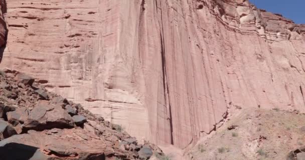 Altas paredes de roca roja, chimeneas, del cañón Talampaya en el Parque Nacional. Cámara panorámica desde el suelo hasta la cima del acantilado. Formación geomorfa. Patrimonio natural de la humanidad — Vídeo de stock