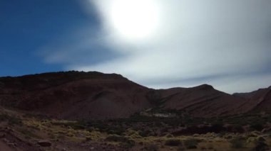 Peyzaj, Desaguadero yüksek altiplane, dağlar Brava lagün için sürüş sırasında nehir. Arka plan rocky Dağları ve monte bitki örtüsü. La rioja Eyaleti, Arjantin, Cuyo bölge.