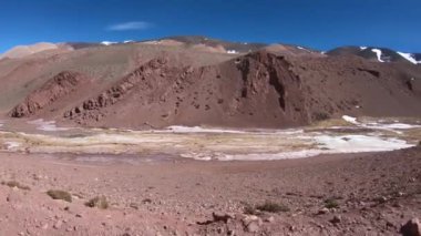 Desaguadero Nehri, vadi otlar ve kar ile yanında seyahat. Andes karlı dağlarda, arka plan. Macera gezi Brava lagün için 4 x 4 van ile. Rioja Eyaleti, Arjantin