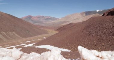 Yüksek dağ landsacape, renkli, erozyona uğramış, desertic yamaçları, macera gezi Brava lagün için. Hala kar yolda. Kamera hala kalır. Rioja Eyaleti, Arjantin.