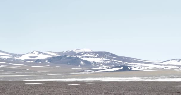 Brava 라군, 열 시각 효과 및 배경에서 눈 덮인 언덕에서 높은 desertic 산 풍경입니다. 모험 여행 Vinchina, 리오하 지방, 아르헨티나에서 — 비디오