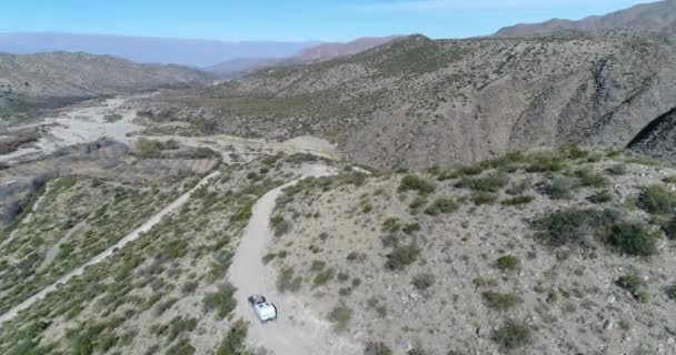 Aerial Drone Scene Van Trailer Motorhome Traveling Gravel Road Hillslope — Stock Video