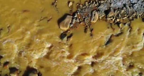 Aerial Senital Drone Scene Water Flowing Yellow River Famatina Mountains — Stock Video