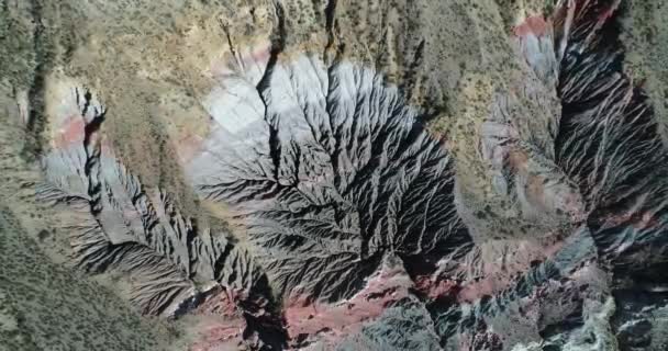 由侵蚀的砂岩 法马蒂娜山脉组成的五颜六色的山空中无人机场景 颜色条纹和自然排水雕塑的老年视图 相机上升 佩斯布雷拉里奥哈 — 图库视频影像