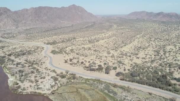 Luchtfoto drone scène van sand dunes met struiken en bomen met droge rocky bergen op de achtergrond. Camera reist over de rivier en de duinen. Desertic landschap. Catamarca, Argentinië. — Stockvideo