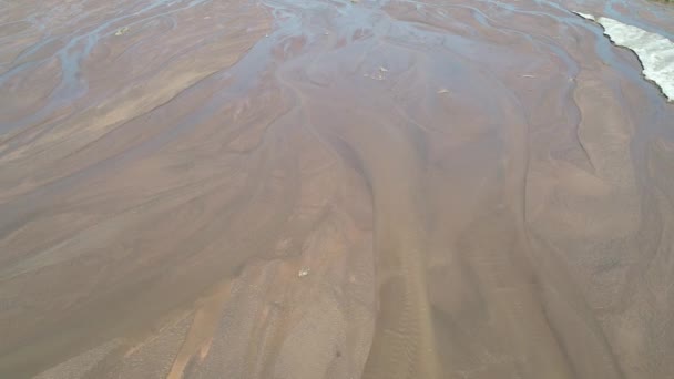 空中无人机场景的菲安巴拉蜿蜒的沙河和沙丘与树林 相机从水从 Senital 到前视图 背景干燥的落基山脉 阿根廷 — 图库视频影像