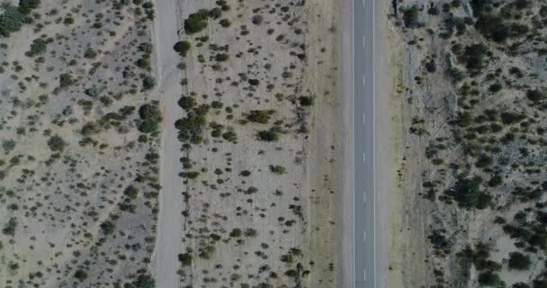 Aerial Senital Drone Scene Car Trailer Traveling Road Dry Desertic — Stock Video
