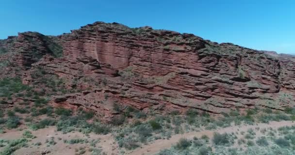 空中无人机 Sene 红砂岩悬崖 飞越峡谷和峡谷 上面有本地植被 阿根廷拉里奥哈的干岩景观 — 图库视频影像