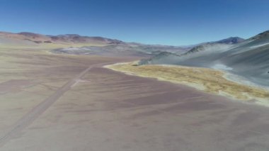 Desertic manzara renkli Dağları ile hava dron sahne. Yüzey altın bitki örtüsü. İleriye doğru kayalık tepeler uçan. Catamarca, Arjantin