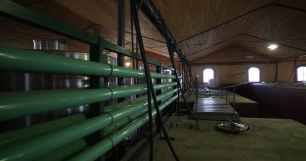 Industrie viticole, marche sur les cuves de briques de vin. Cuves de vin en métal sur le côté. Caméra portative stabilisée. Mendoza, Argentine . 