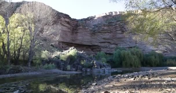 Walking over rocky Atuel riverbend at sunset. Golden hour. Mendoza, Argentina. Tall red cliff, native vegetation and rocky landscape at background. — Stock Video