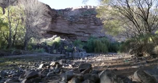 Bei Sonnenuntergang über das felsige Ufer des Atuel. Goldene Stunde. Mendoza, Argentinien. hohe rote Klippe, einheimische Vegetation und felsige Landschaft im Hintergrund. — Stockvideo