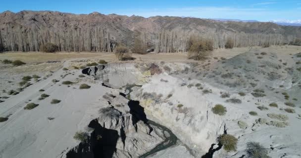 El Leoncito 川の渓谷上後方に飛んでいます。谷と山と背景でポプラの Genearl ビュー。国立公園 El Leoncito、サンファン、アルゼンチン — ストック動画