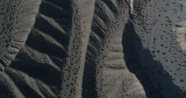 Antenn senital drone scen av eroderad kullar och torr floder av Miga Salongsmusik. Detalj av grå jorden med sina skuggor och ritning av vattenerosion på landskapet. San Juan, Calingasta — Stockvideo