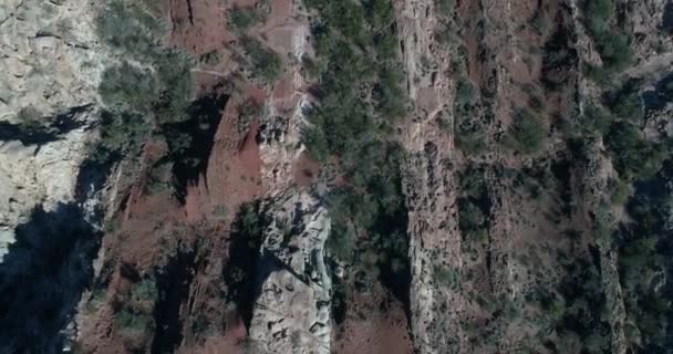 Antenn senital drone scen flyger över lager färgglada, röda och vita, klippformationer. Ovanifrån av parallella naturliga teckningar av vikta bergen. Ursprunglig vegetation San Juan provinsen, Huaco — Stockvideo