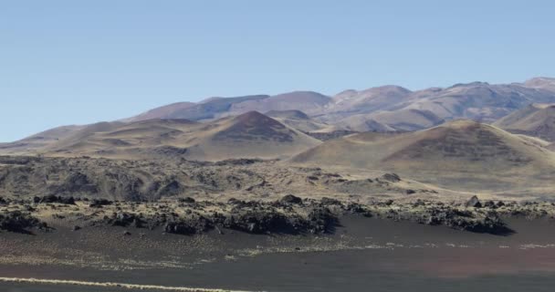 Parc national de Payunia. Volcan Payun Matru noir et doré avec ses volcans adventices. Le plus long sentier de lave. Zone volcanique en lapillis rouge et noir. La caméra reste immobile. Mendoza, Argentine — Video