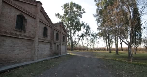 地下室の煉瓦と背景で線形のブドウ生産植物の田園地帯で砂利道を歩きます 飲料業界 メンドサ アルゼンチン — ストック動画