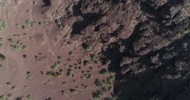 Escena aérea de drones senitales de texturas de la naturaleza. Paisaje rocoso rojo y río seco. Villa Union, Provincia de Rioja, Argentina . — Vídeos de Stock