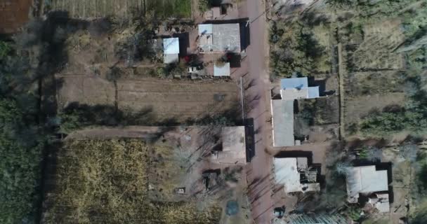 Escena aérea de drones senitales de pequeños productores agrícolas en el campo. Casas, árboles y cultivos en los suburbios de Villa Unión, provincia de Rioja Argentina. Cuyo. — Vídeo de stock
