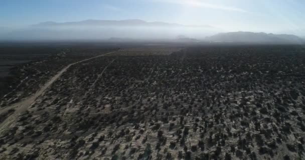 Luchtfoto drone scène van droge lanscape met verlaten onverharde weg, sparced struik vegetatie. Hoge bergen keten achter mistige landschap, volume licht in de scene. Castelli, Rioja provincie — Stockvideo