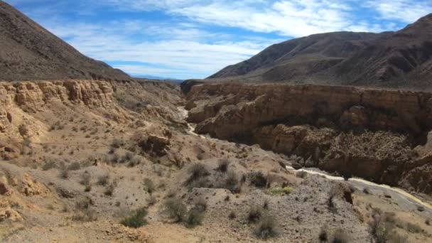 Панорамный вид на Желтую реку и каньон Окре. Камера панорамирует сбоку, показывая общий вид на желтые скалы из песчаника. Провинция Риоха — стоковое видео