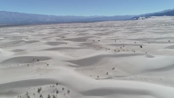 Letecká drone scéně hor s duny a písečné pouště s několika zelenými rostlinami. Fotoaparát, pohybující se vpřed objevovat krajinu. Taton, provincie Catamarca, Argentina. — Stock video