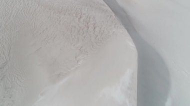 Hava dron sahne üstten görünüm, senital, parlak açık bej kum ile çöl detay ve birkaç yeşil bitkiler. Kamera hareket iletir. Taton, Catamarca Eyaleti, Arjantin. Soyut desen