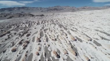 Genişletilmiş genel doğal desen beyaz taş yapıları, ponza alan hava dron sahne. Geriye doğru uçan, kumlu erozyona uğramış Dağları arka plan, gri. Catamarca, Arjantin
