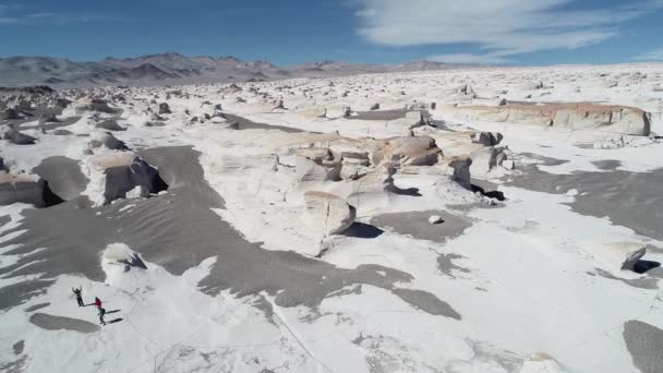 Légi drone jelenet repül át az horzsakő fehér sziklák. Háttérben a természetes minta rock struktúrák, az horzsakő mező és a szürke homokos erodált hegyek. Antofagasta de la Sierra, Catamarca, Argentína — Stock videók