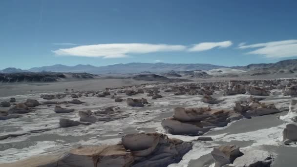Cena de drones aéreos de estruturas rochosas naturais brancas, campo de Pumice. Voando sobre as pessoas observando a paisagem. Antofagasta de la Sierra, Catamarca, Argentina — Vídeo de Stock